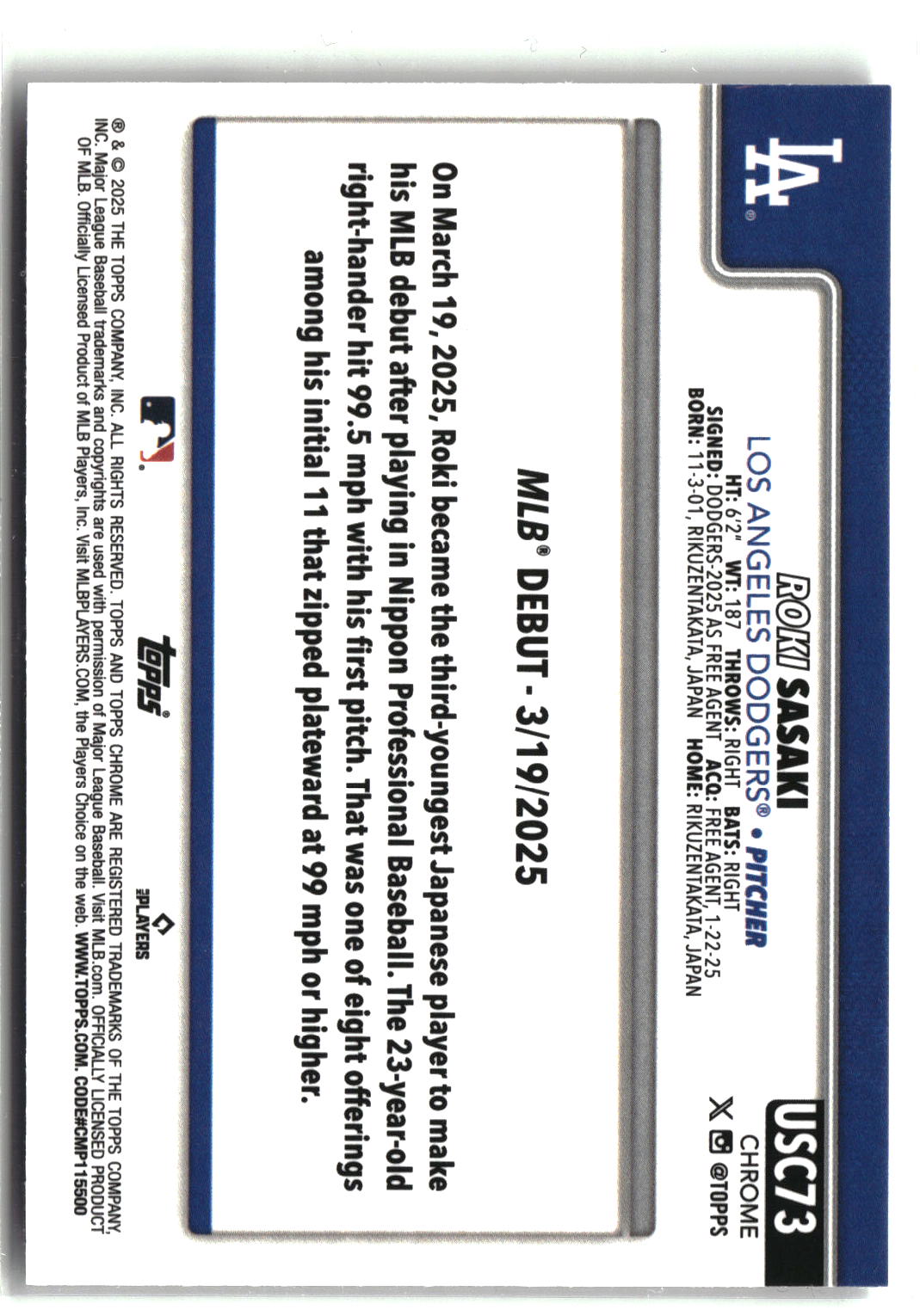 2025 Topps Chrome Update #USC73 Roki Sasaki ToppsFractors-2