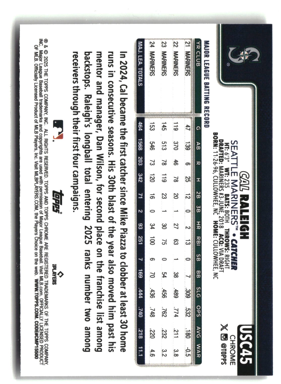 2025 Topps Chrome Update #USC45b Cal Raleigh-6
