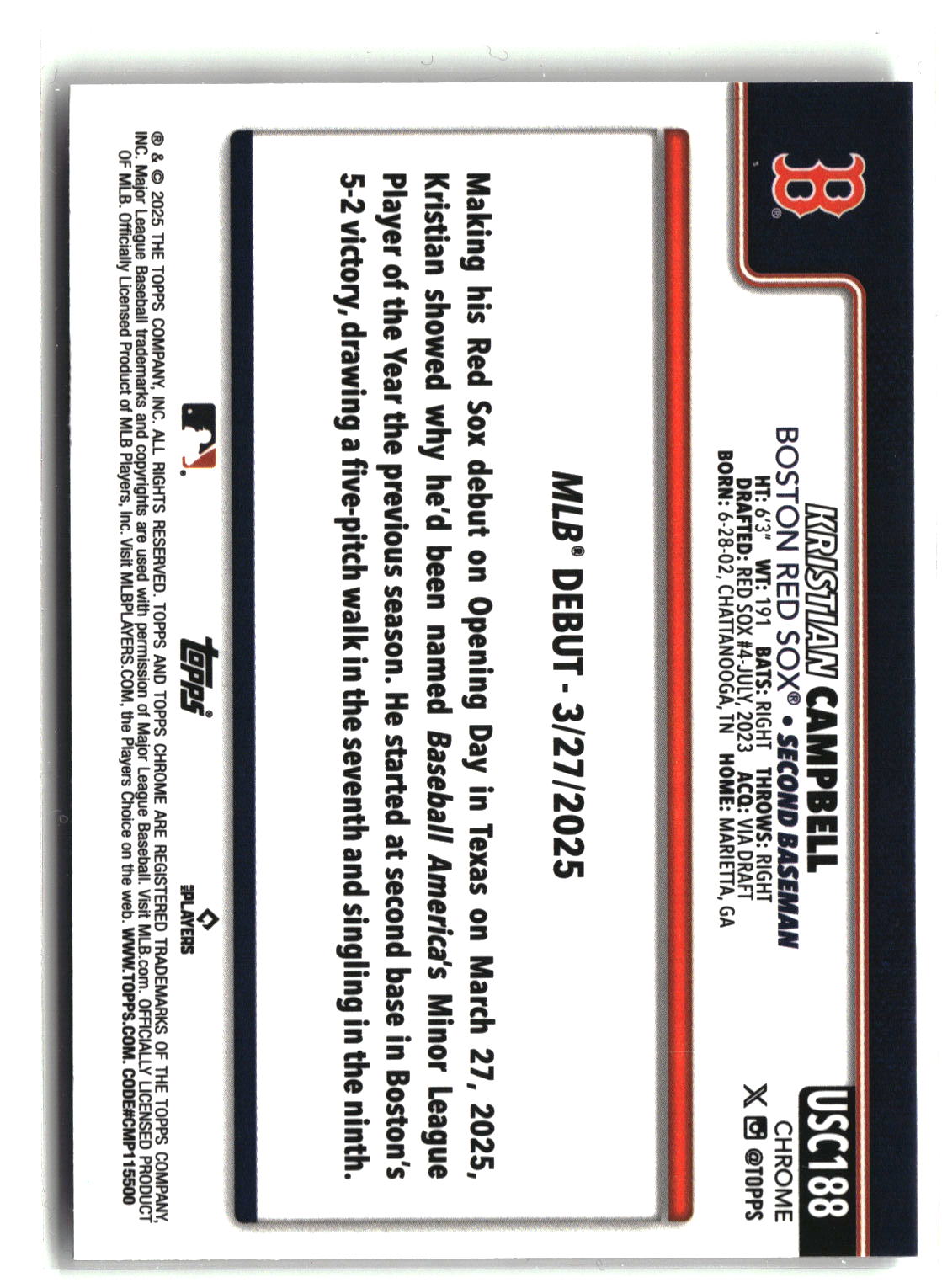 2025 Topps Chrome Update #USC188 Kristian Campbell ToppsFractors-2