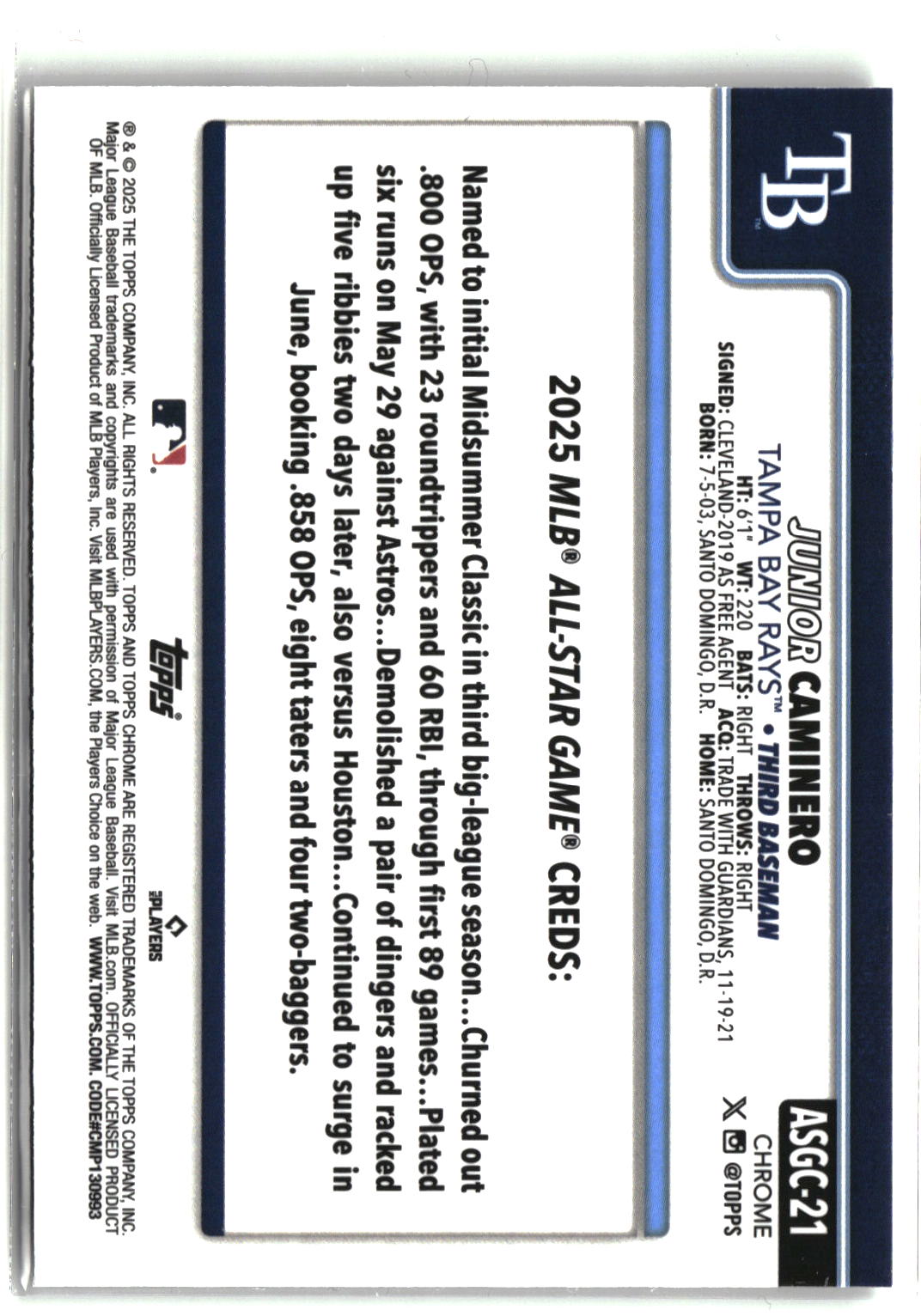 2025 Topps Chrome Update #ASGC-21 Junior Caminero 2025 All-Star Game-2