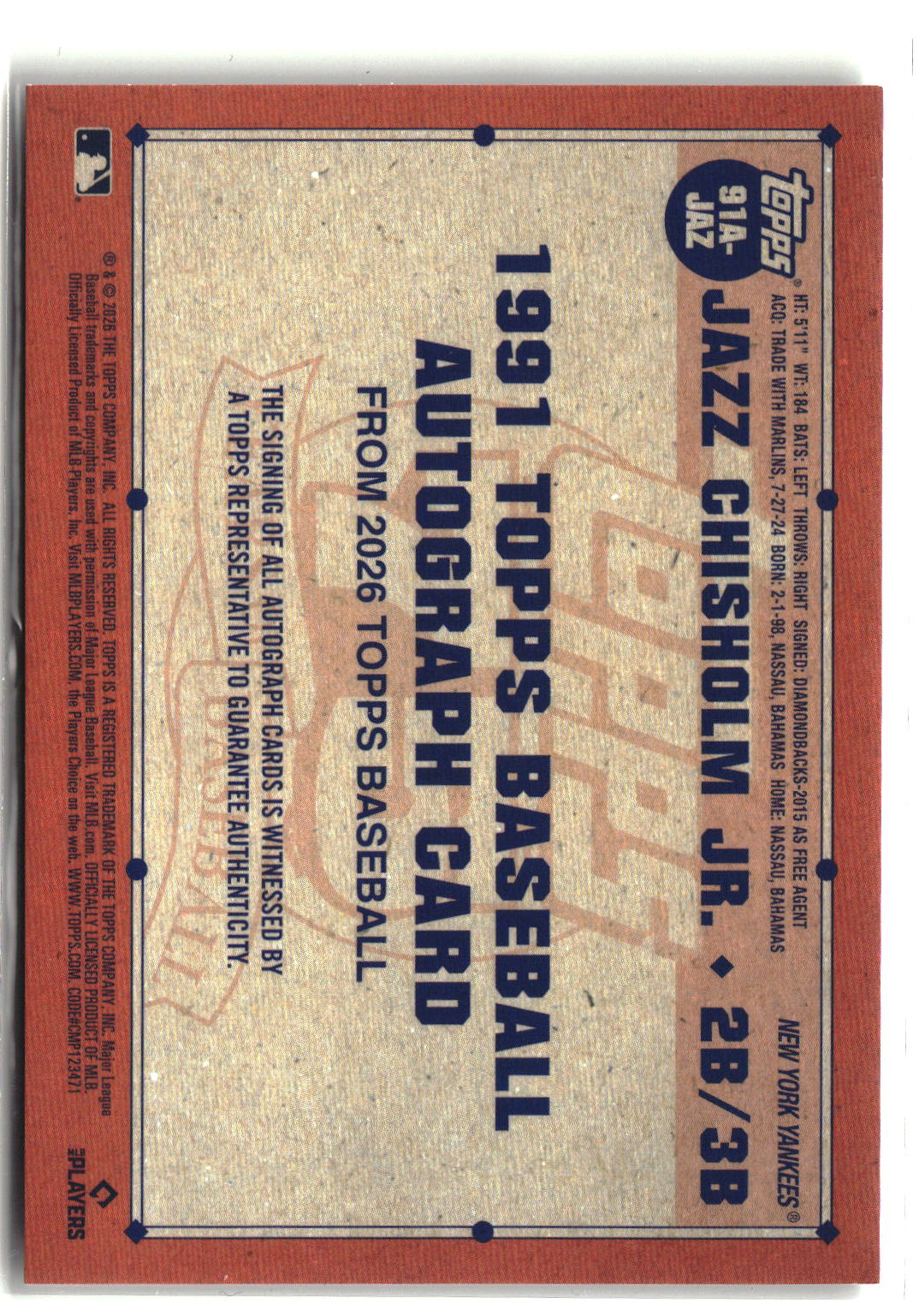 2026 Topps Series 1 #91A-JAZ Jazz Chisholm Jr. Baseball 35th Auto-4