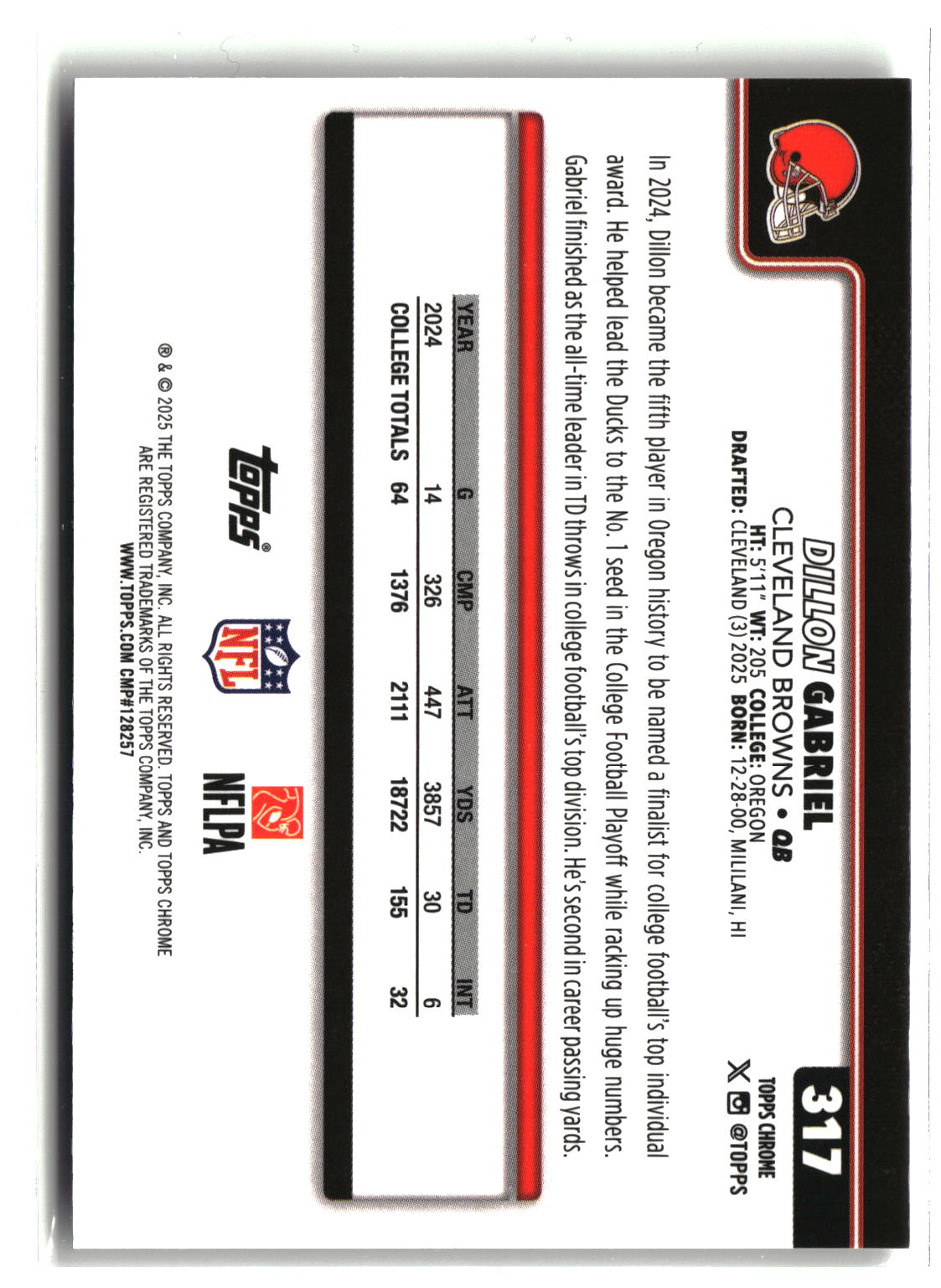 2025 Topps Chrome #317 Dillon Gabriel-2