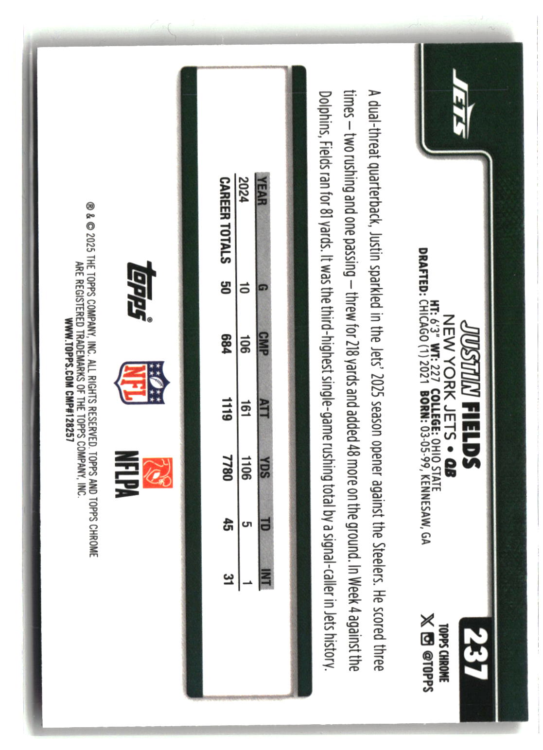 2025 Topps Chrome #237 Justin Fields Football Leather Refractor-2