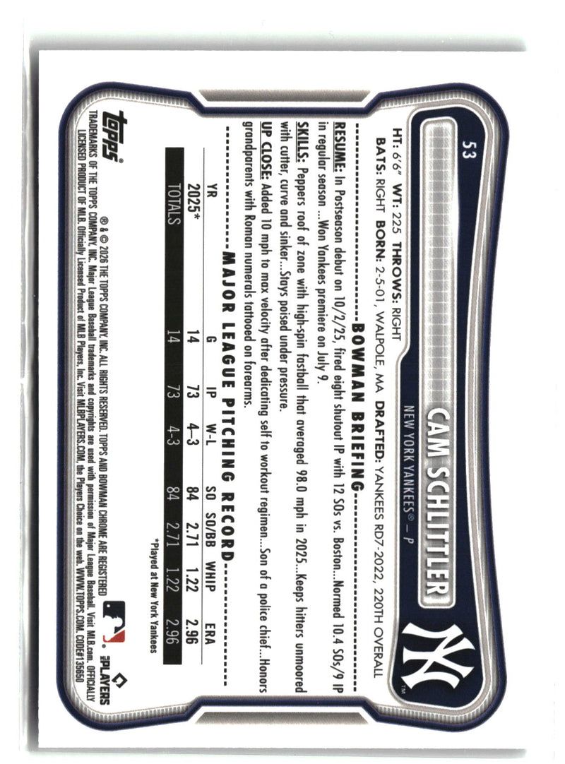 2026 Bowman #53 Cam Schlittler Rookie Red RC Logo-2