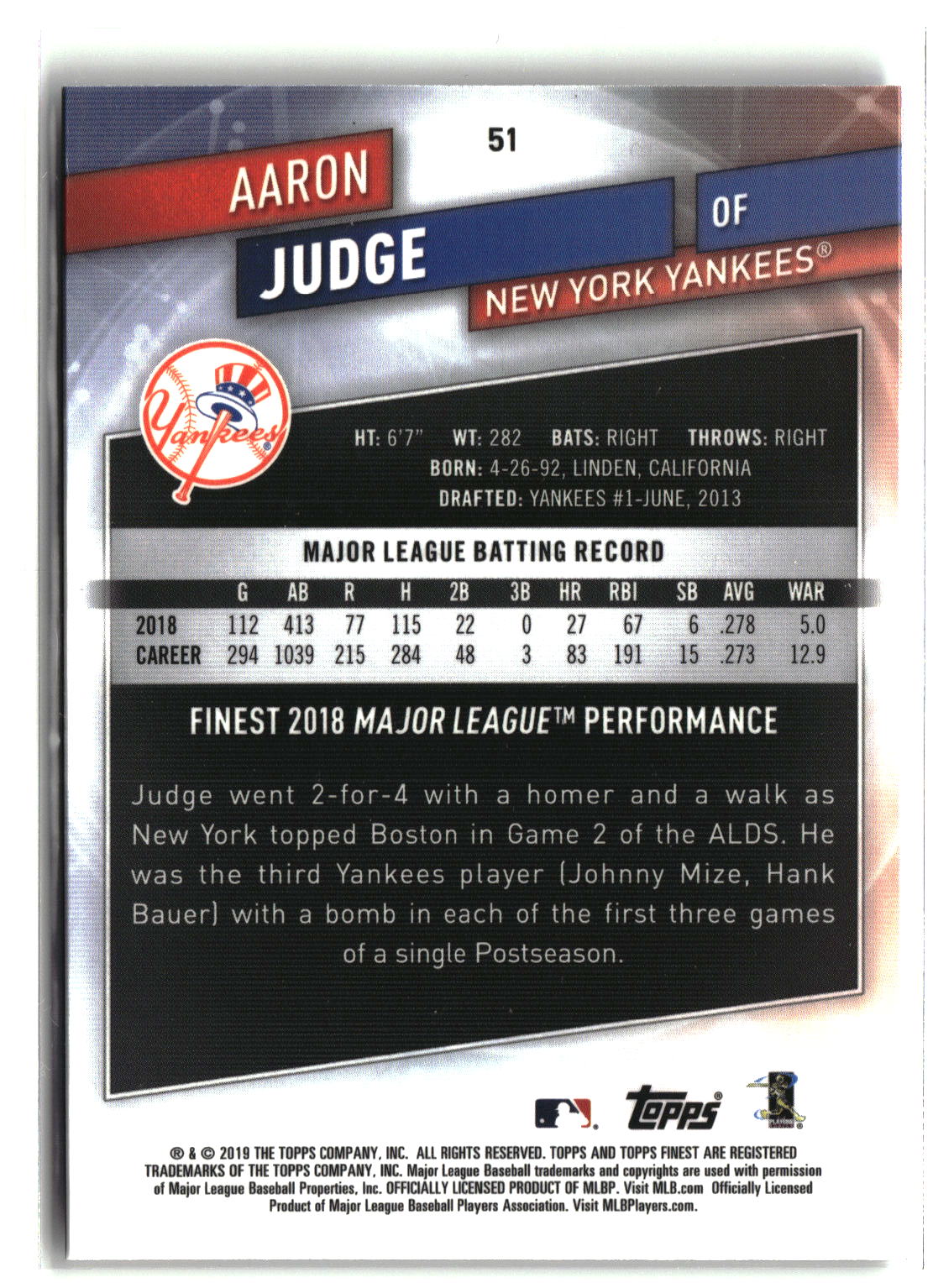 2019 Finest #51 Aaron Judge-2