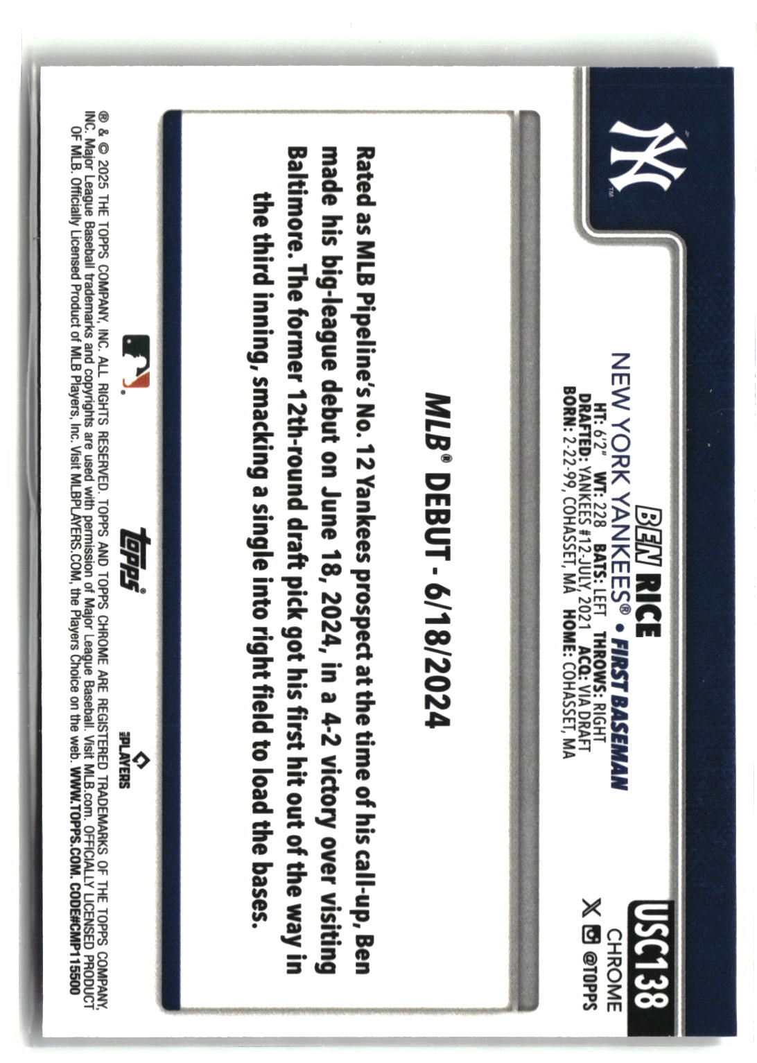 2025 Topps Chrome Update #USC138 Ben Rice X-Fractors-2