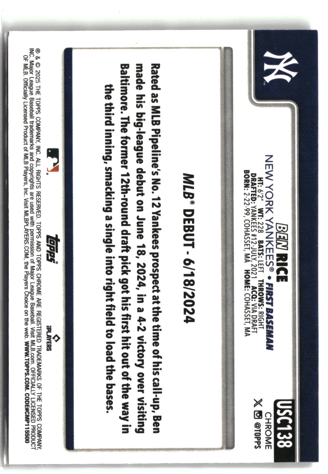 2025 Topps Chrome Update #USC138 Ben Rice RayWave Refractor-2
