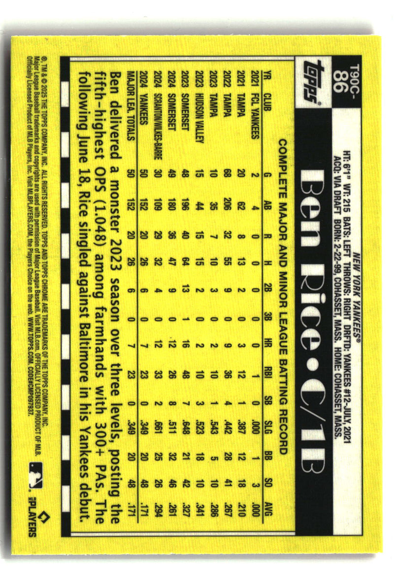 2025 Topps Series 1 #T90C-86 Ben Rice 1990 Topps Baseball 35th Chrome-2