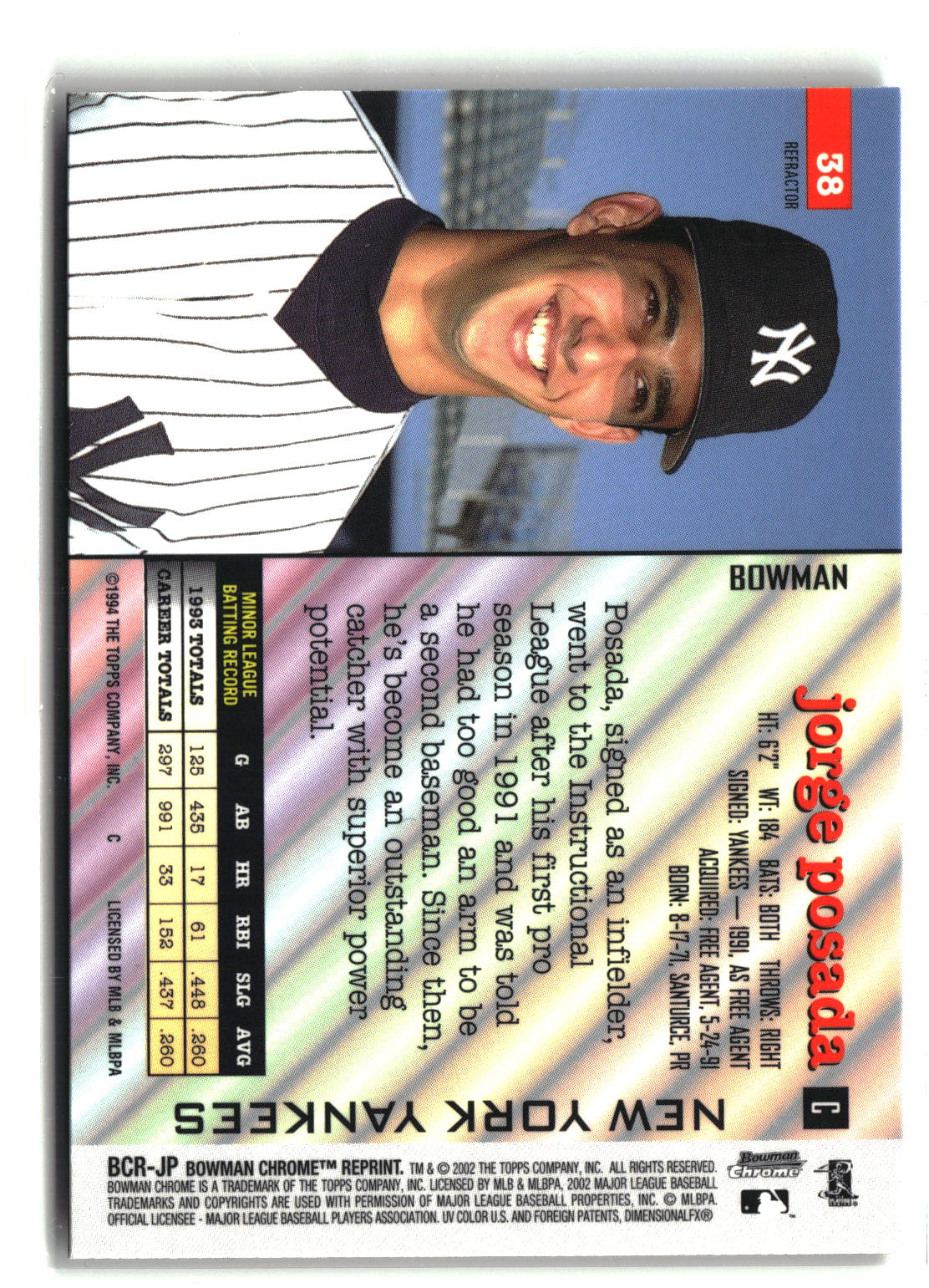 2002 Bowman Chrome #BCR-JP Jorge Posada Reprints Refractors-2