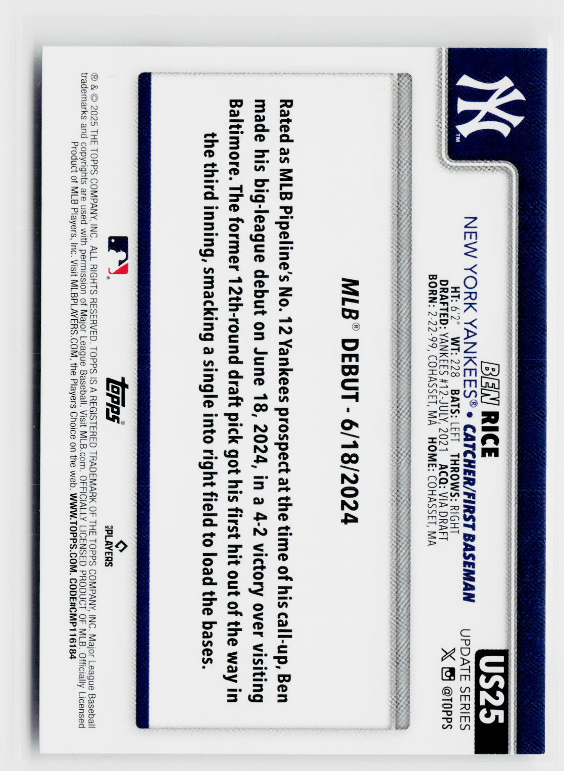 2025 Topps Update #US25 Ben Rice-2