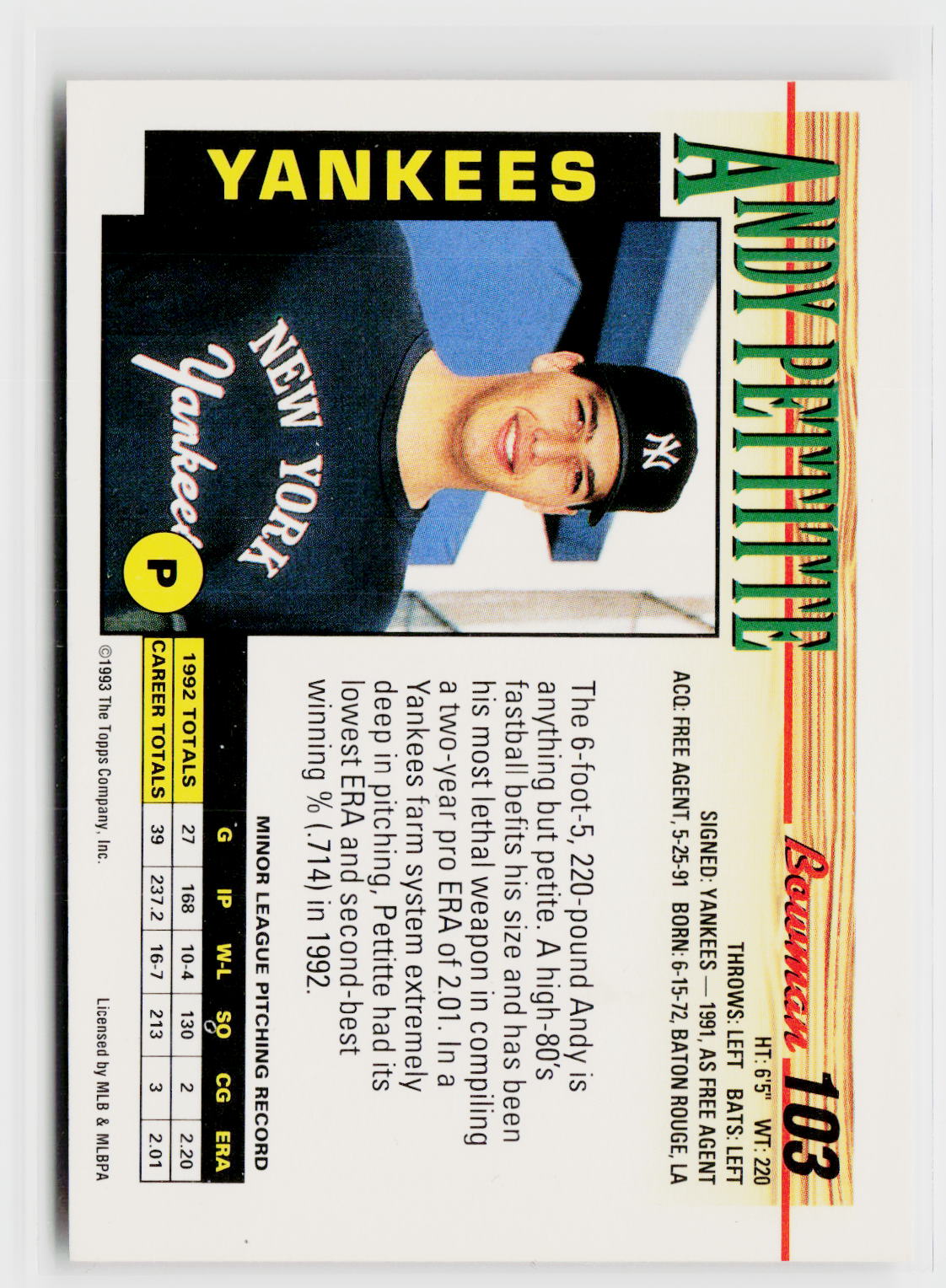 1993 Bowman #103 Andy Pettitte-2