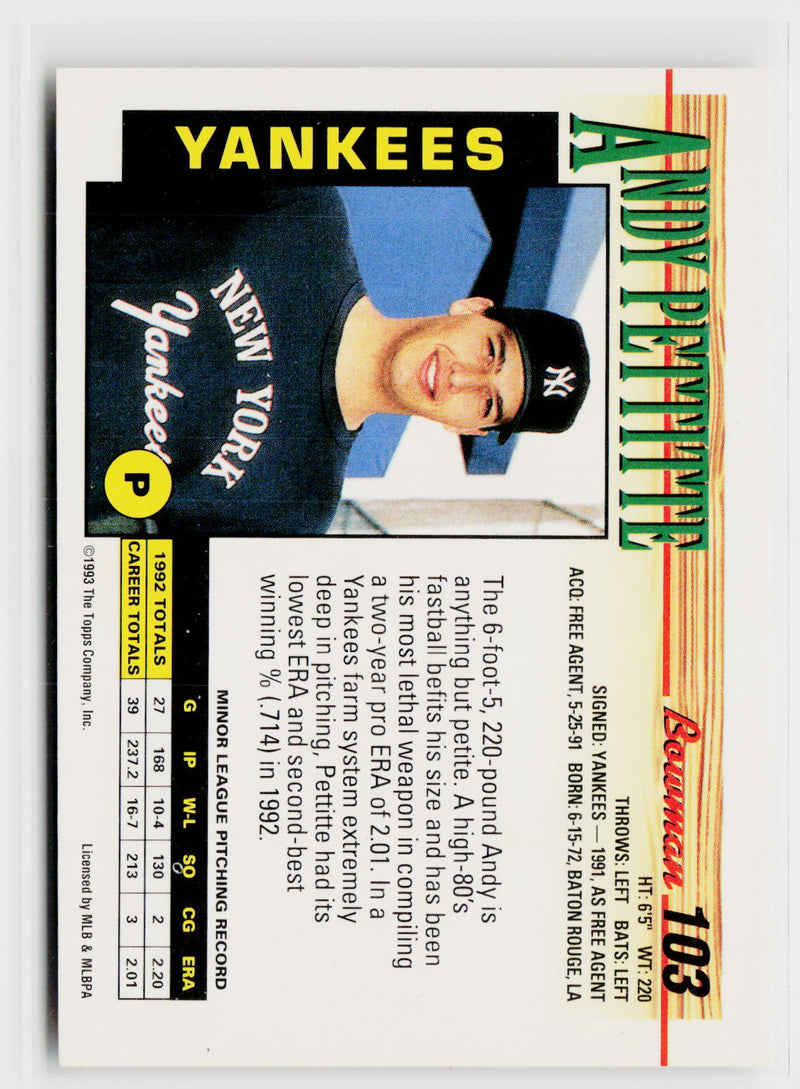1993 Bowman #103 Andy Pettitte-2