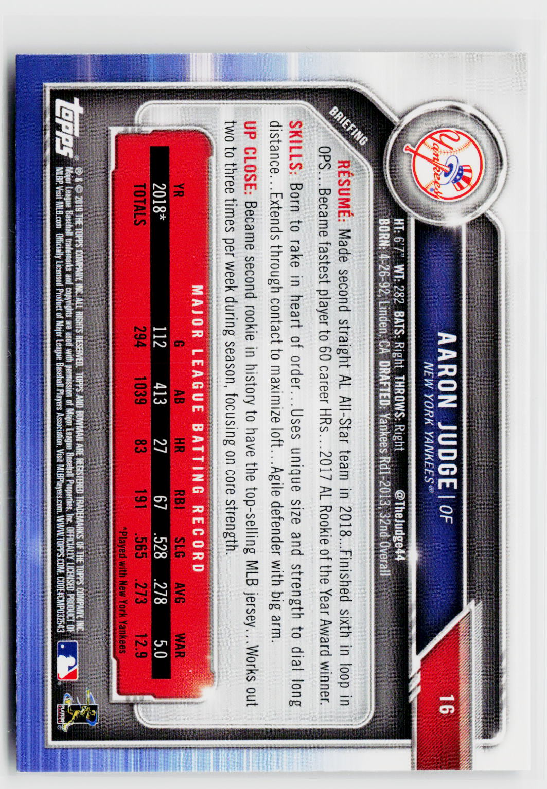 2019 Bowman #16 Aaron Judge-2