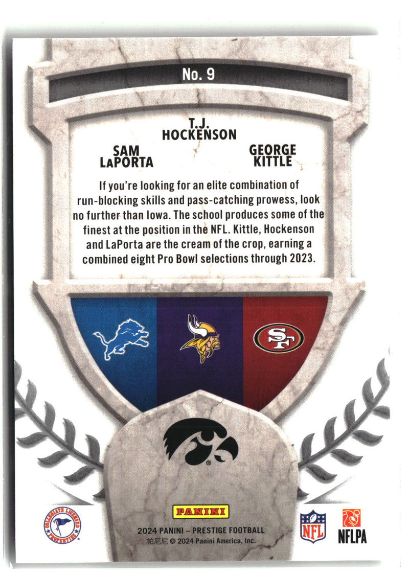 2024 Panini Prestige #9 Sam LaPorta / T.J. Hockenson / George Kittle Alma Maters-2
