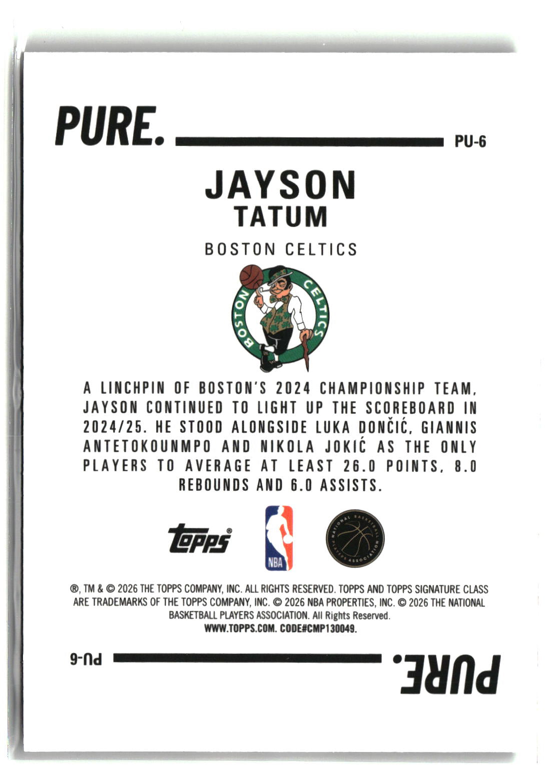2025-26 Topps Signature Class #PU-6 Jayson Tatum Pure-2