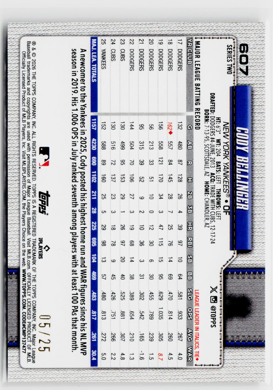 2026 Topps #607 Cody Bellinger Wood #/25-2