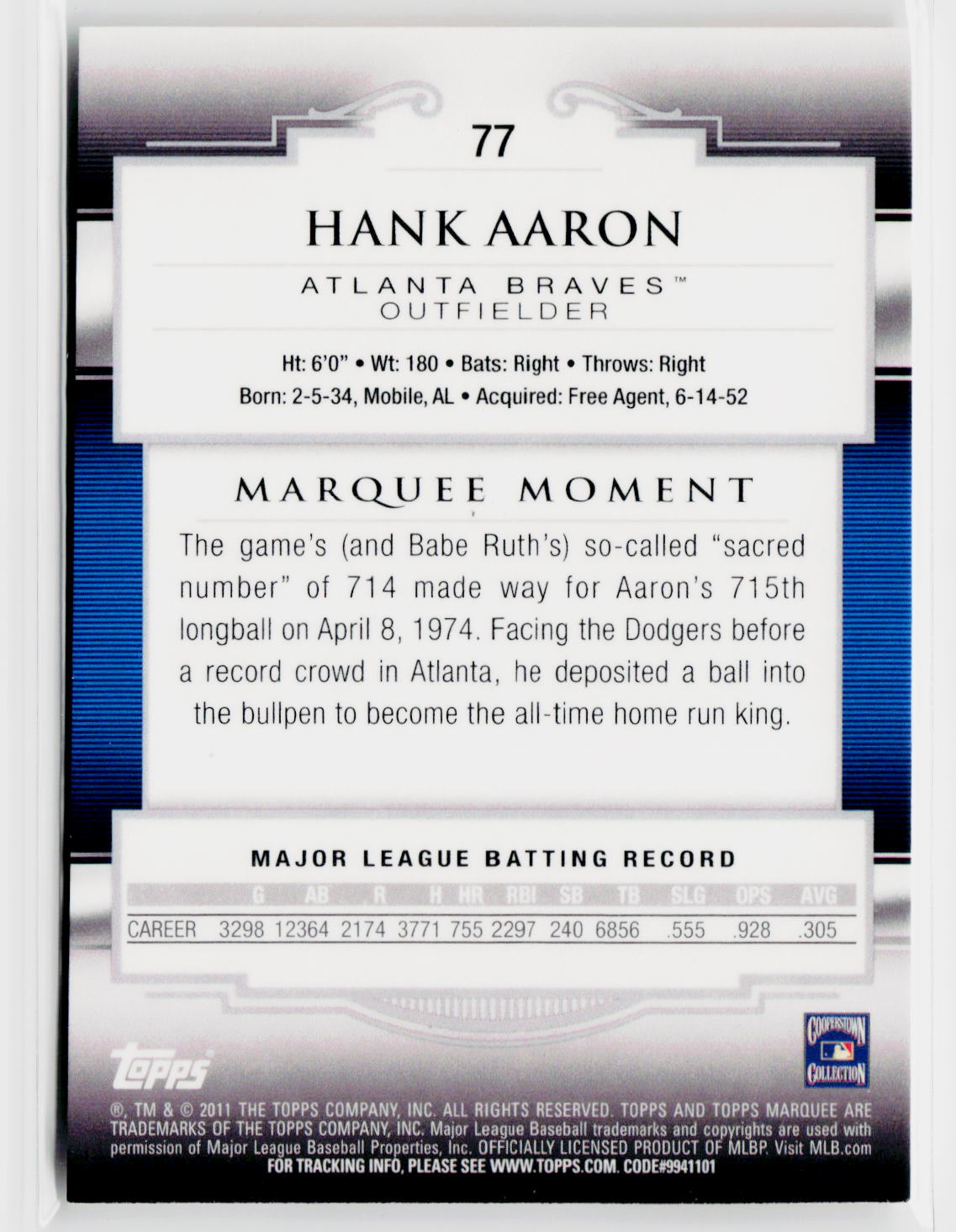 2011 Topps Marquee #77 Hank Aaron Blue #/299-2