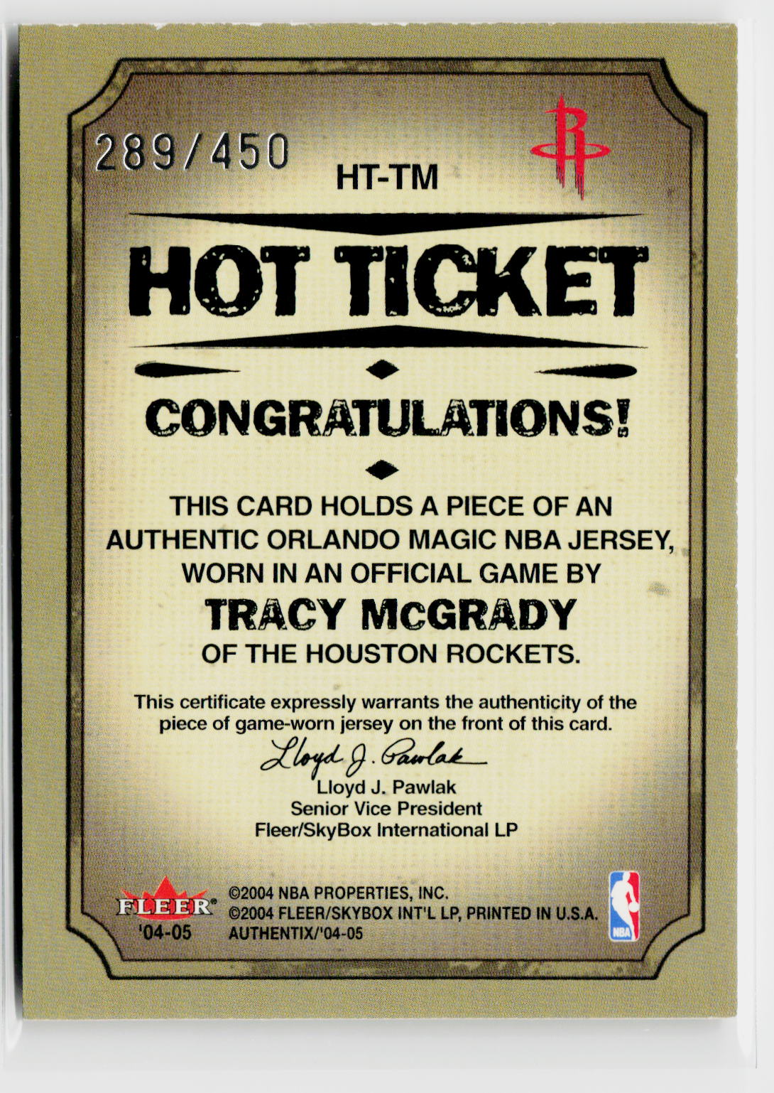 2004-05 Fleer Authentix #HT-TM Tracy McGrady Hot Ticket Jerseys #/450-2