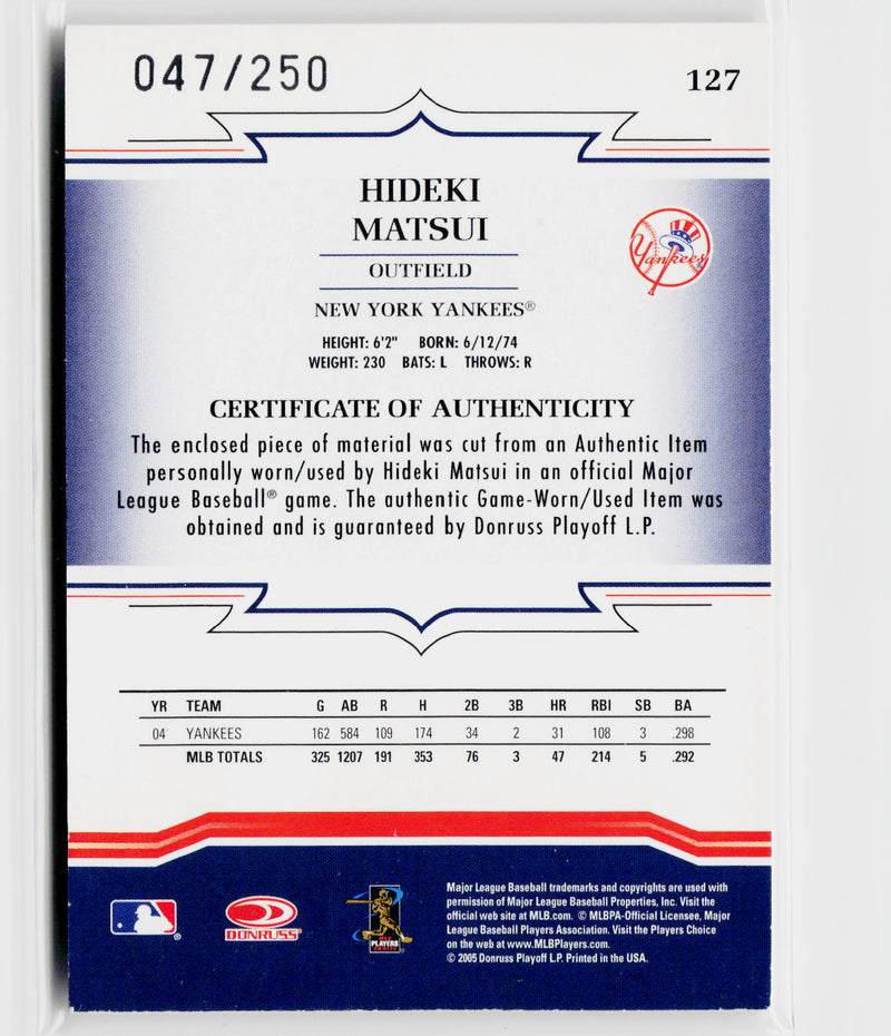 2005 Donruss Throwback Threads #127 Hideki Matsui Material Jersey #/250-2