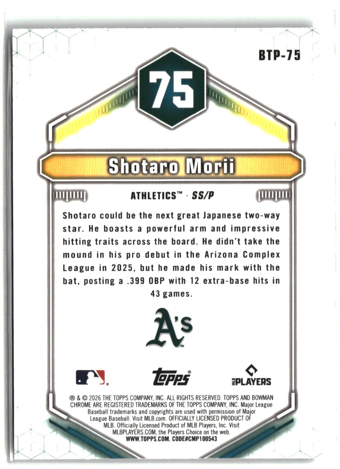 2026 Bowman #BTP-75 Shotaro Morii Bowman Scouts' Top 100-2