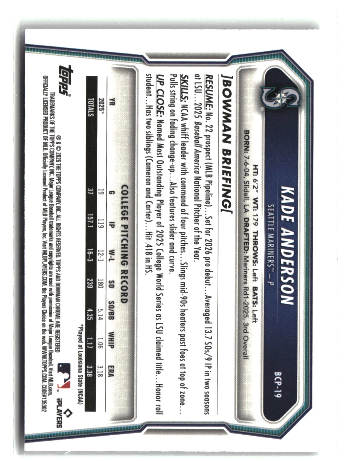 2026 Bowman #BCP-19 Kade Anderson Chrome Prospects-2