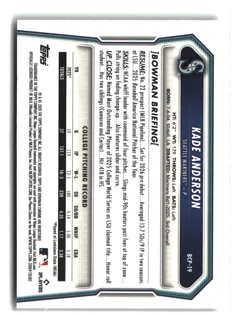 2026 Bowman #BCP-19 Kade Anderson Chrome Prospects-2