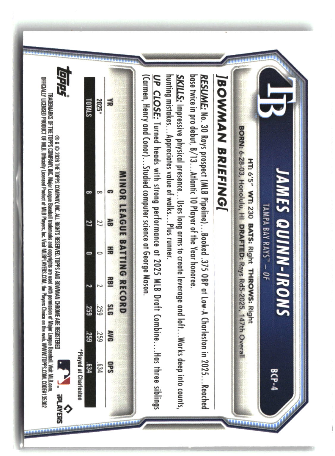2026 Bowman #BCP-4 James Quinn-Irons Chrome Prospects-2