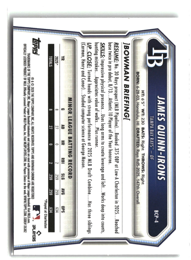 2026 Bowman #BCP-4 James Quinn-Irons Chrome Prospects-2