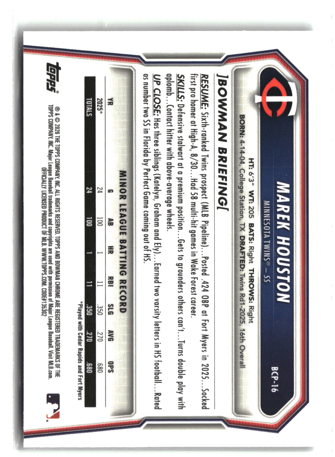 2026 Bowman #BCP-16 Marek Houston Chrome Prospects-2