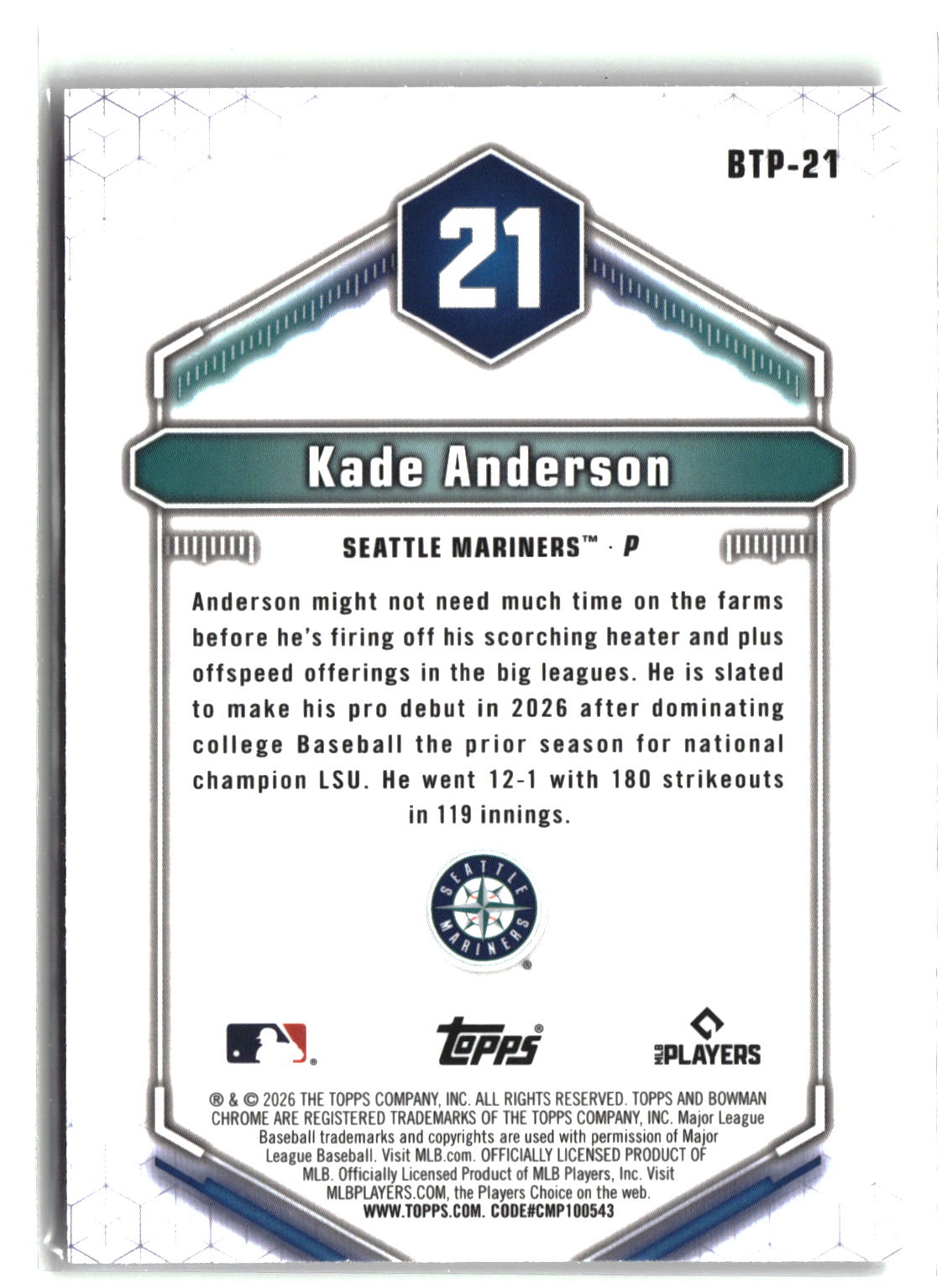 2026 Bowman #BTP-21 Kade Anderson Bowman Scouts' Top 100-2