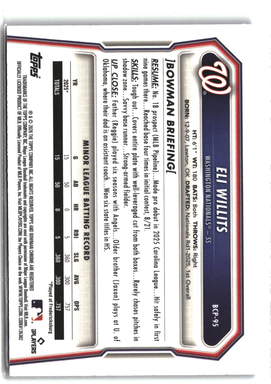 2026 Bowman #BCP-95 Eli Willits Chrome Prospects Blue Raywave Refractor #/150-2