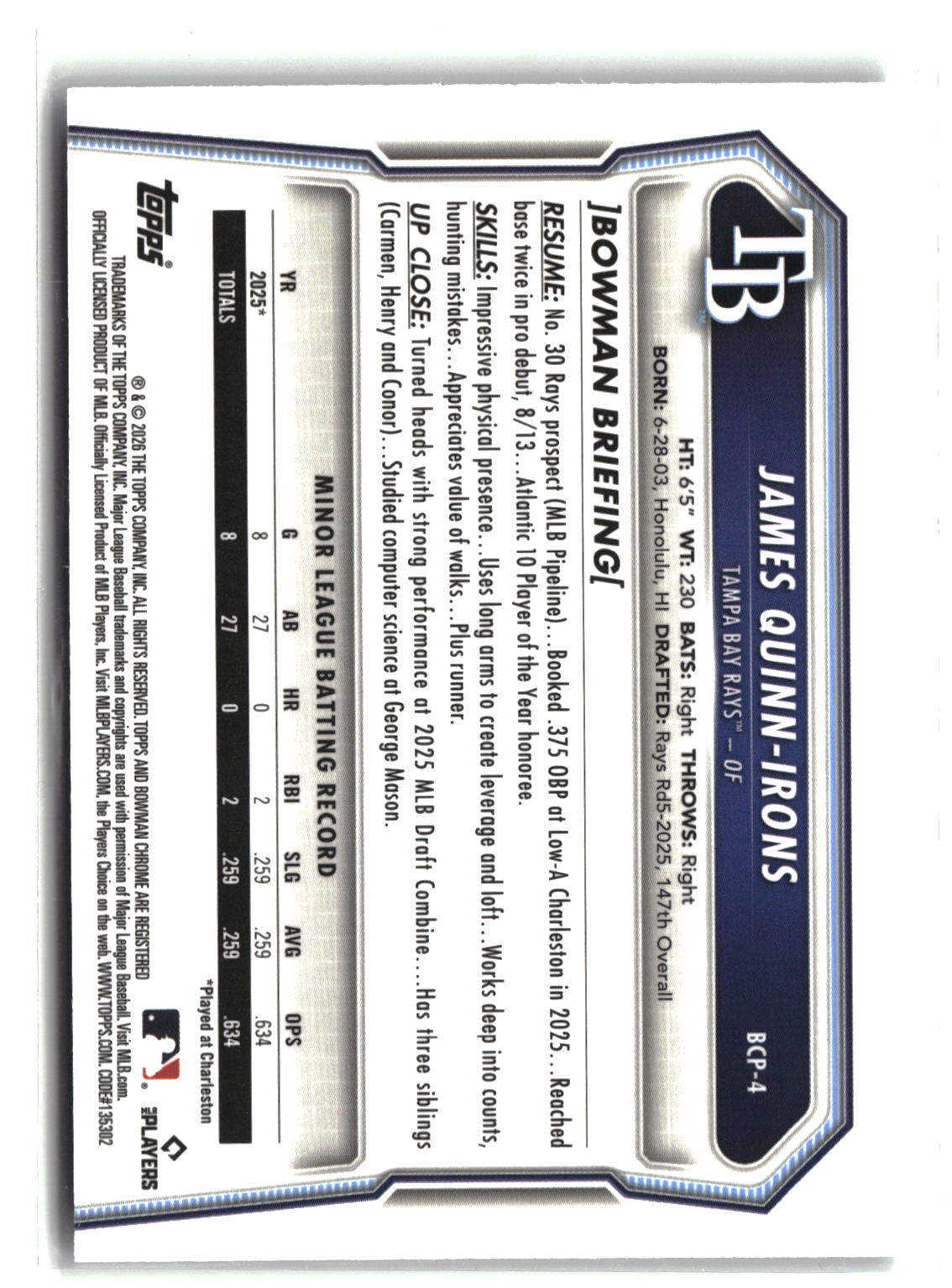2026 Bowman #BCP-4 James Quinn-Irons Chrome Prospects X-Fractor-2