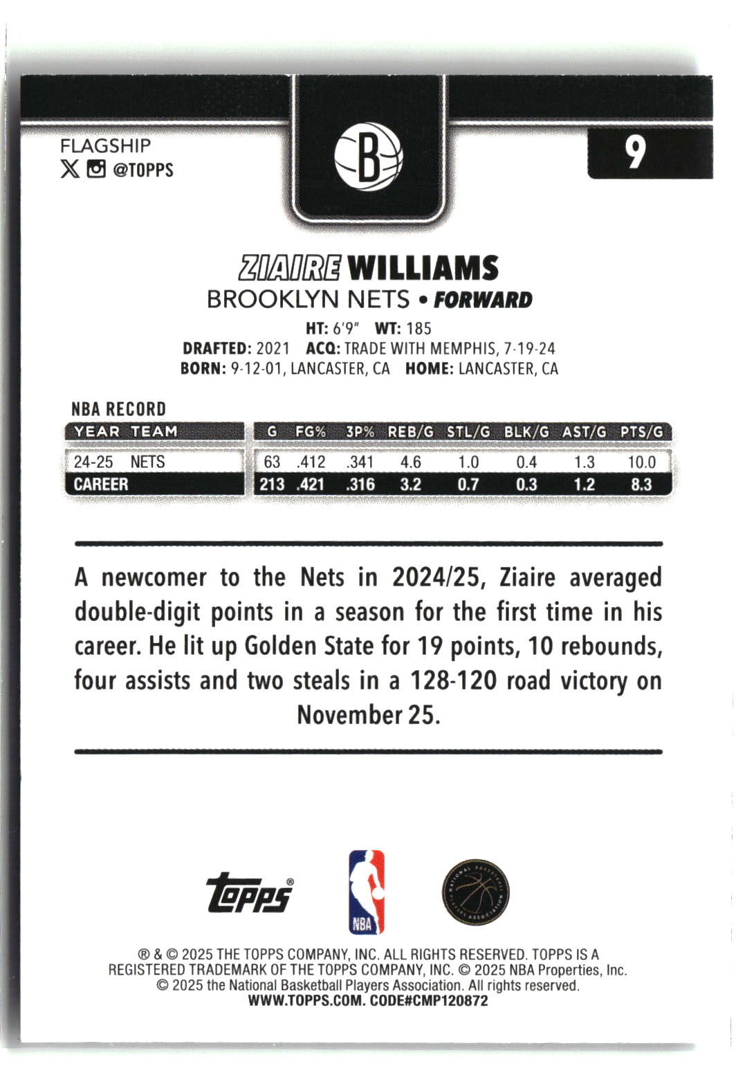 2025-26 Topps #9 Ziaire Williams Crackleboard-2