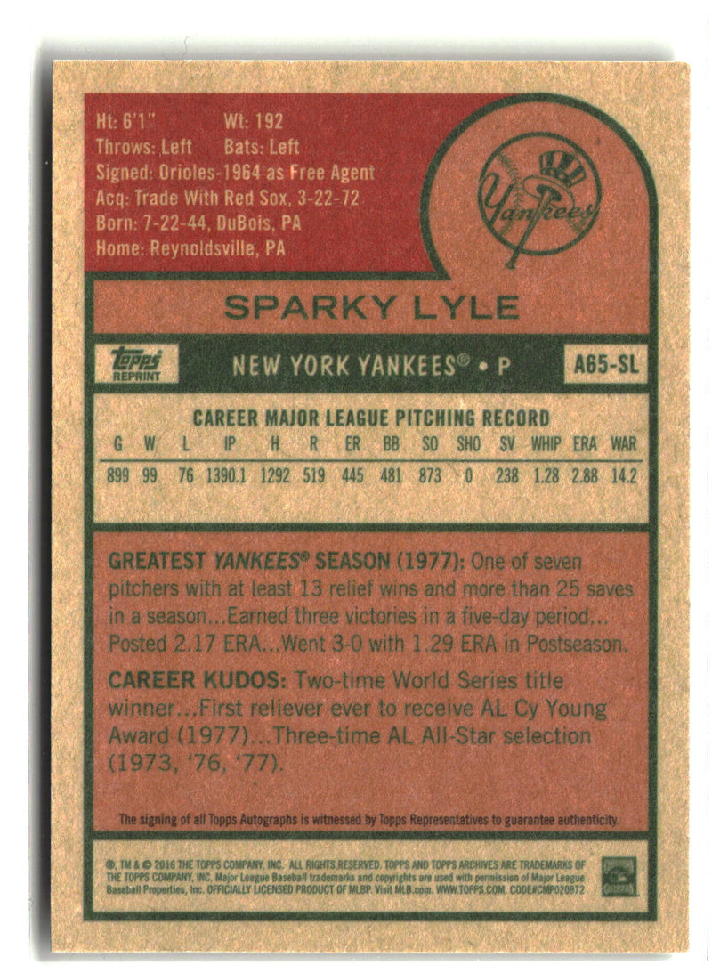 2016 Topps Archives 65th Anniversary Edition #A65-SL Sparky Lyle Autographs-2