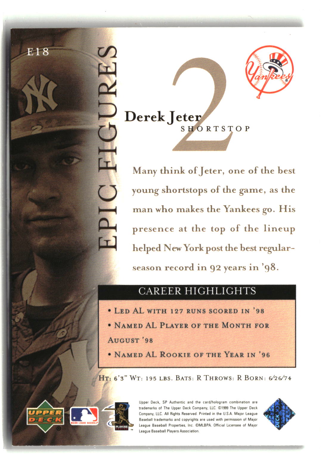 1999 SP Authentic #E18 Derek Jeter Epic Figures-2
