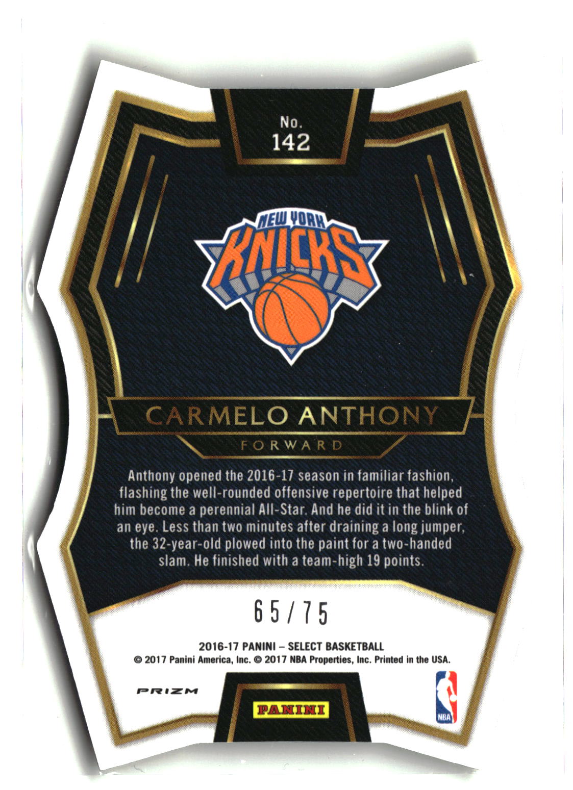 2016-17 Panini Select #142 Carmelo Anthony Neon Yellow Prizms Die Cut #/75-2