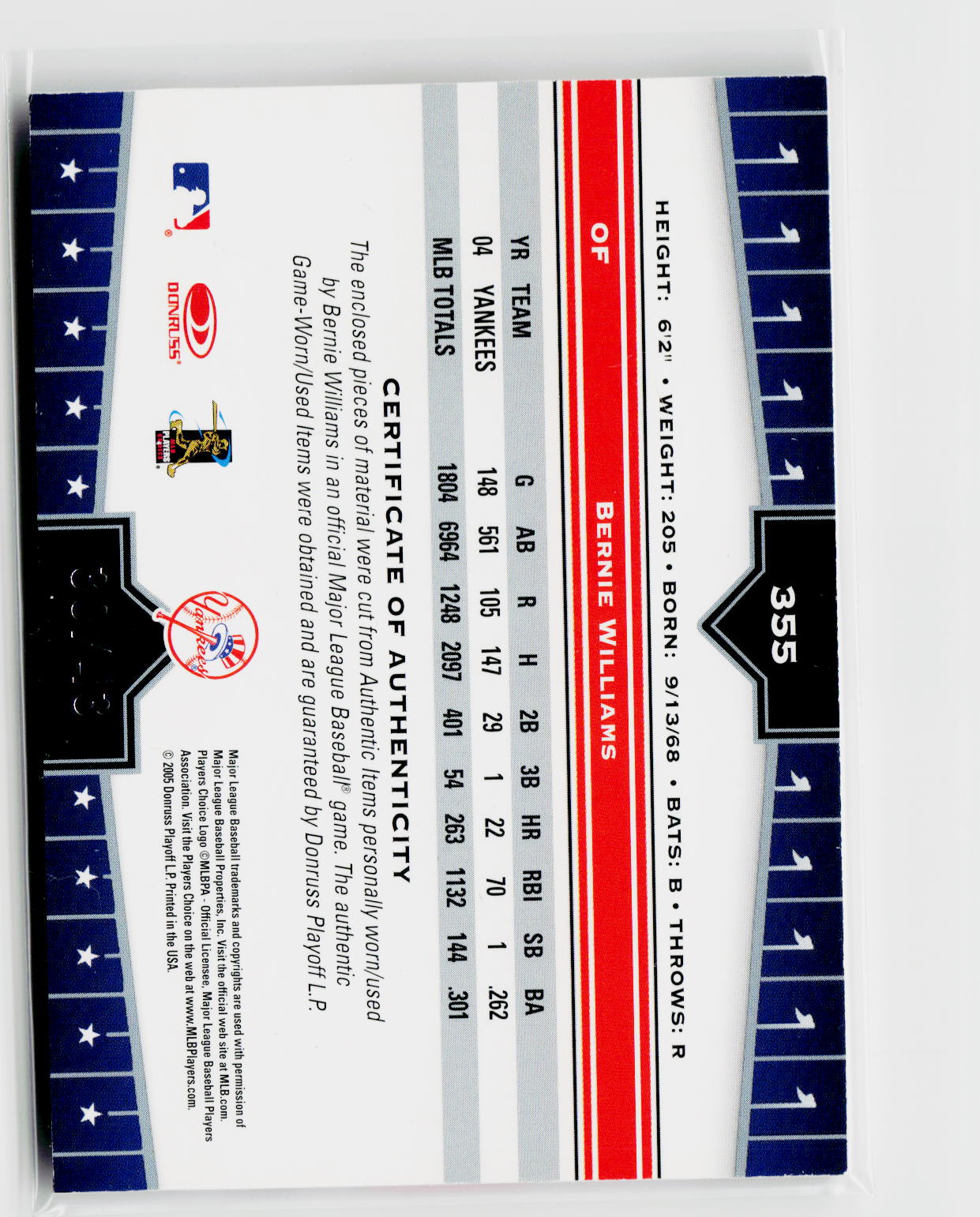 2005 Donruss Champions #355 Bernie Williams Impressions Combos #/43-6