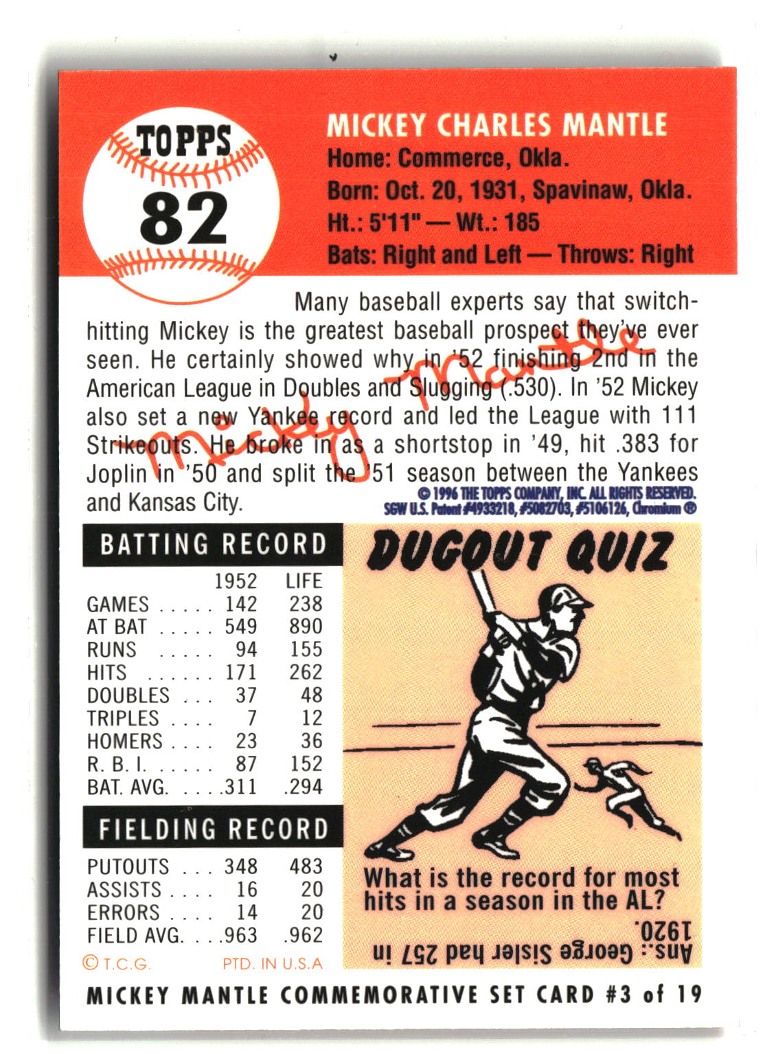 1996 Topps #3 Mickey Mantle Mickey Mantle Commemorative Reprints Finest-6