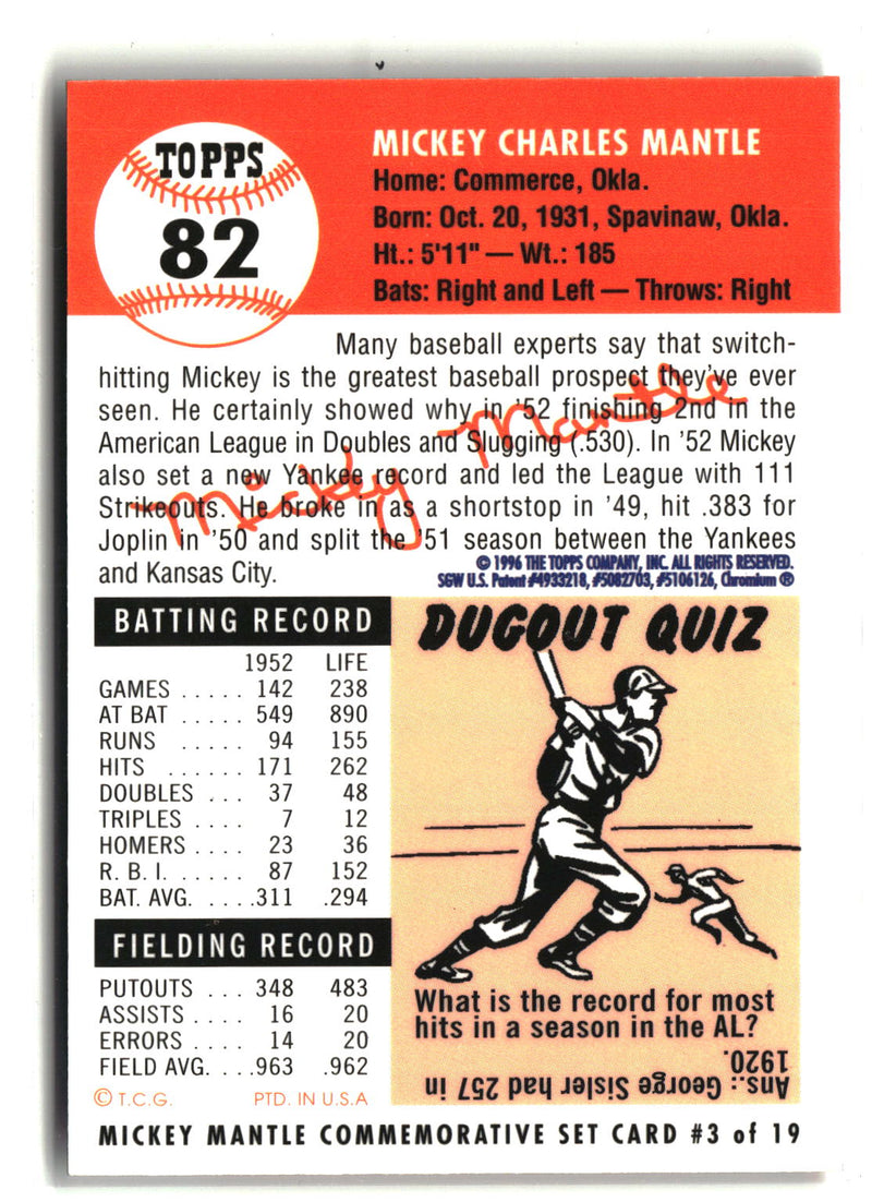 1996 Topps #3 Mickey Mantle Mickey Mantle Commemorative Reprints Finest-6