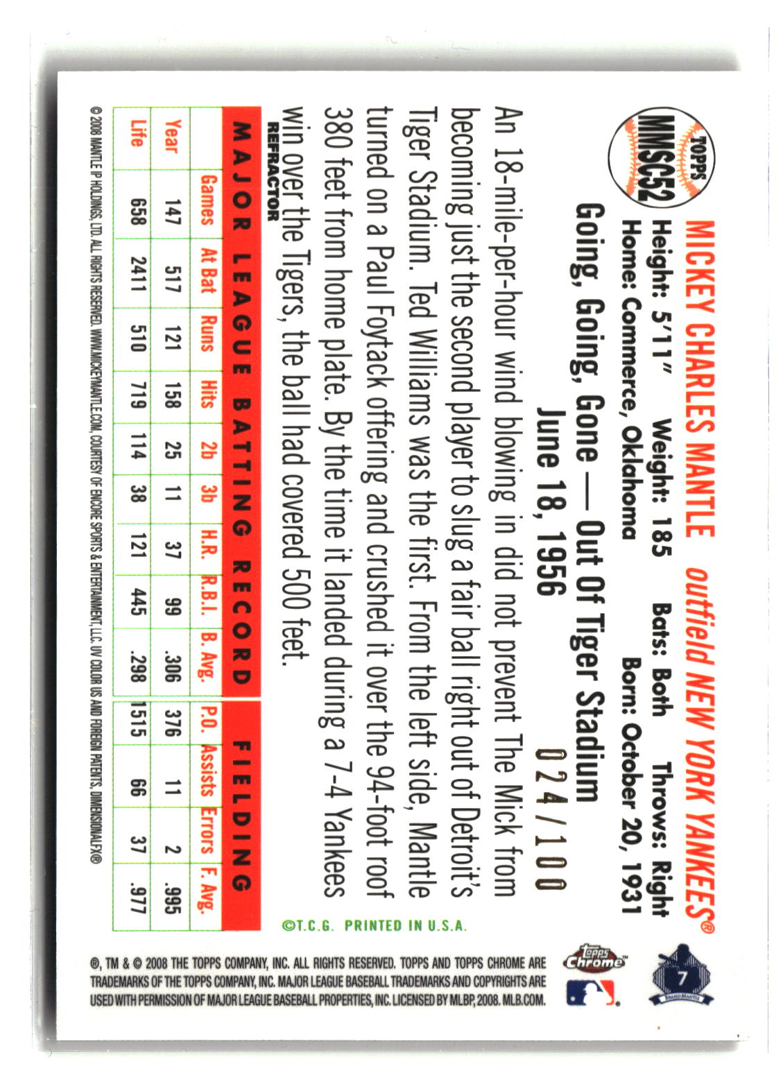 2008 Topps Chrome #MMSC52 Mickey Mantle Story Copper Refractor #/100-4