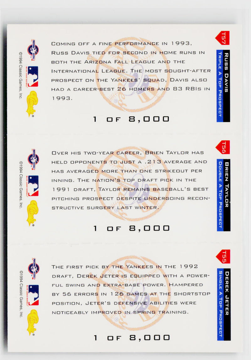 1994 Classic #T55 / T56 / T57 Derek Jeter / Brien Taylor / Russ Davis Tri-Cards-2