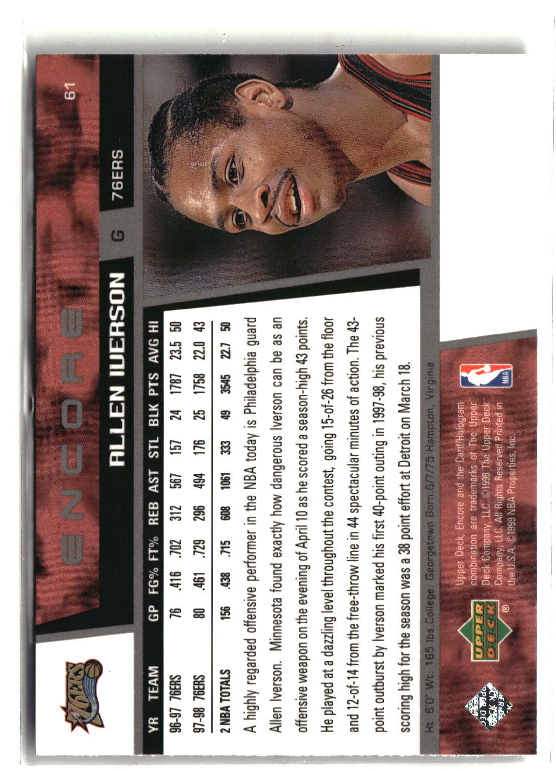 1998-99 Upper Deck Encore #61 Allen Iverson-2