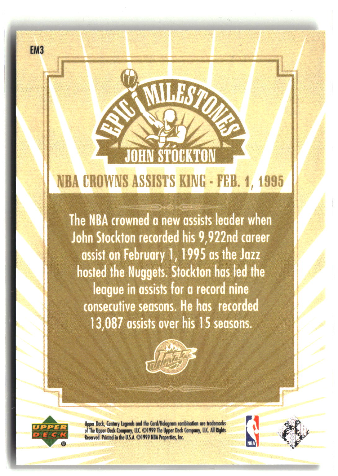 1998-99 Upper Deck Century Legends #EM3 John Stockton Epic Milestones-2