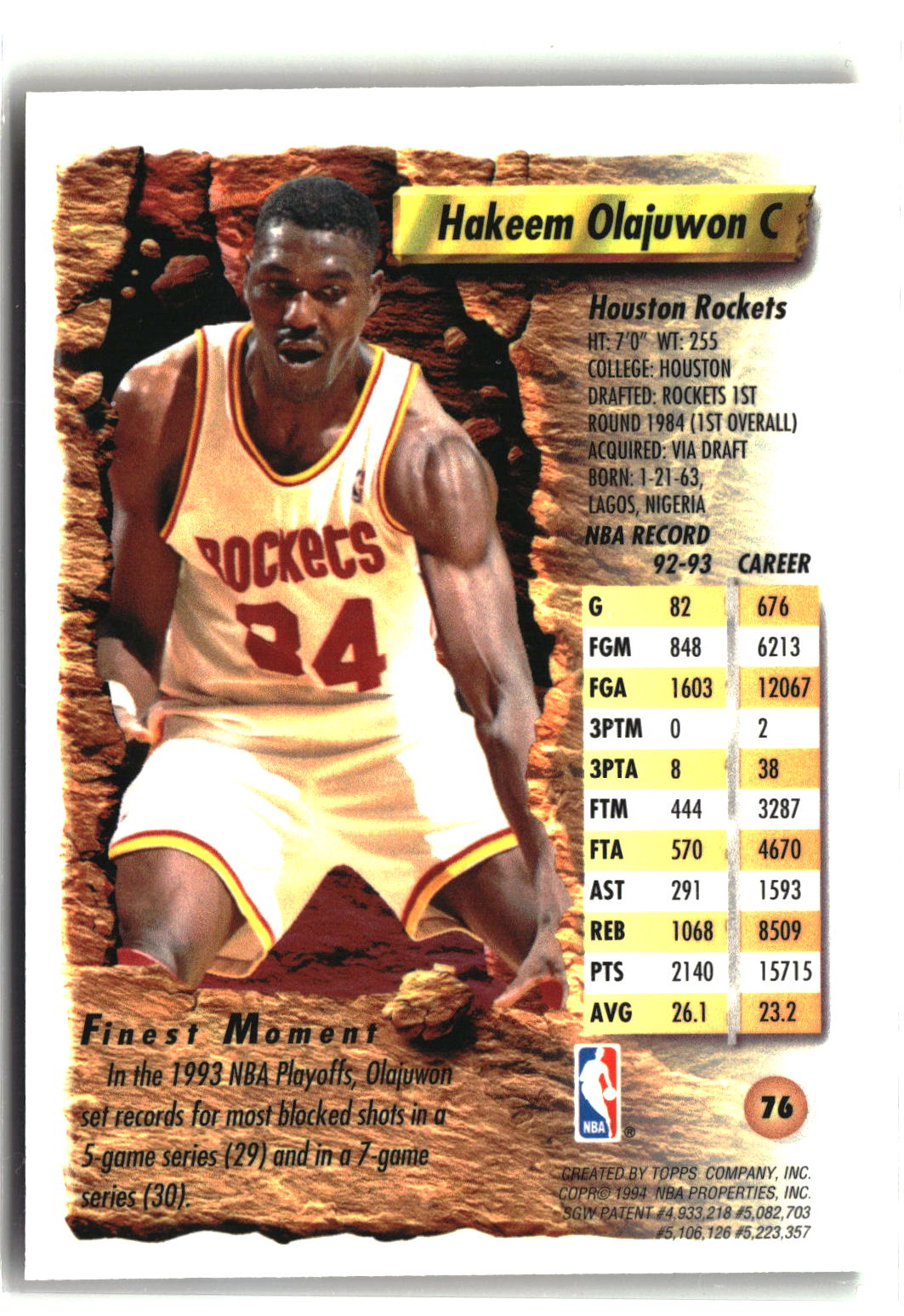 1993-94 Finest #76 Hakeem Olajuwon-2
