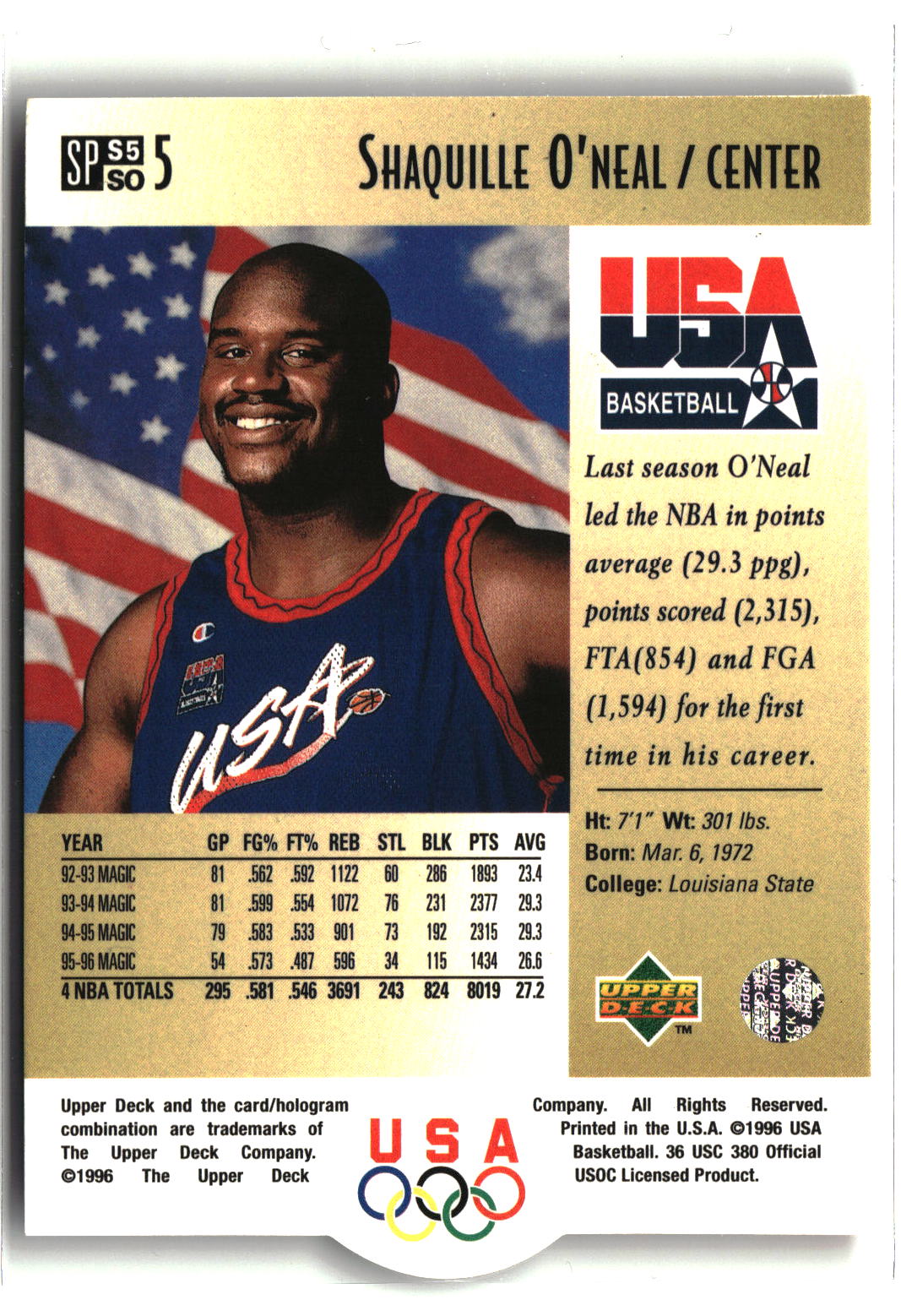 1996 Upper Deck USA #S5 Shaquille O'Neal SP Career Statistics Gold-2