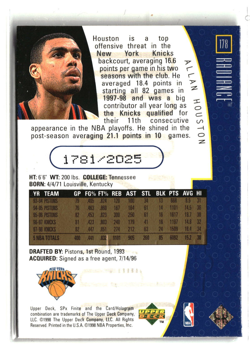 1998-99 SPx Finite #178 Allan Houston Radiance #/2025-2
