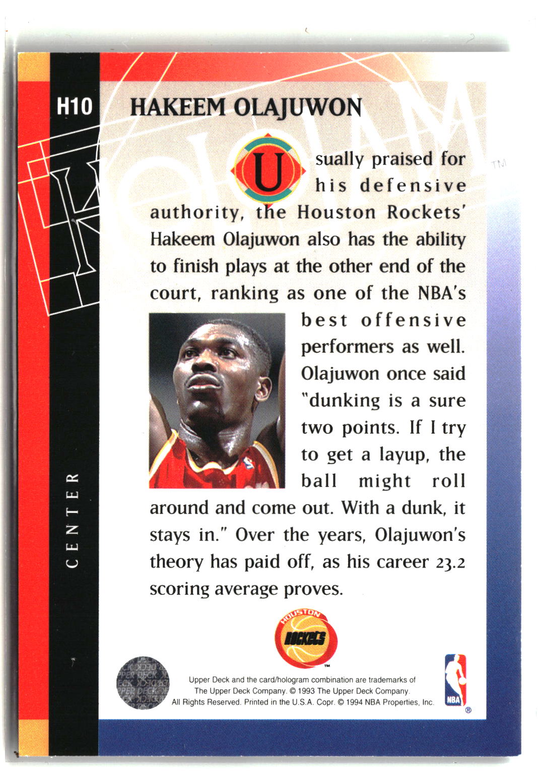 1993-94 Upper Deck Holojams #H10 Hakeem Olajuwon-2
