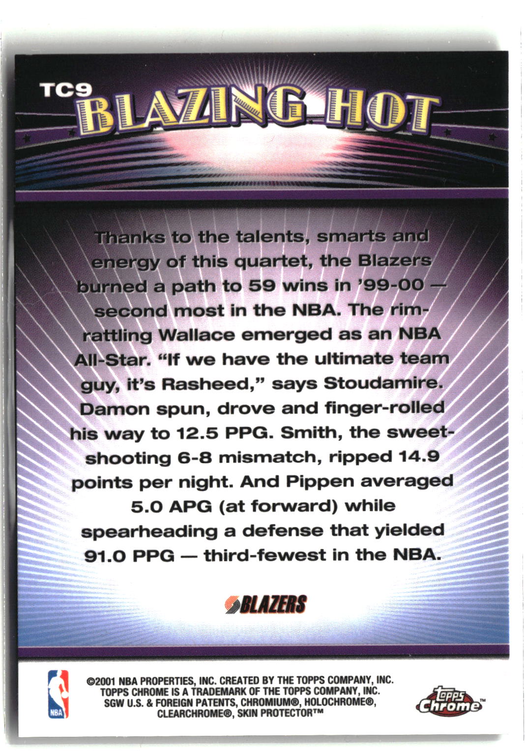 2000 Topps Combos Wallace / Smith / Stoudamire / Pippen #TC9 Blazers-2