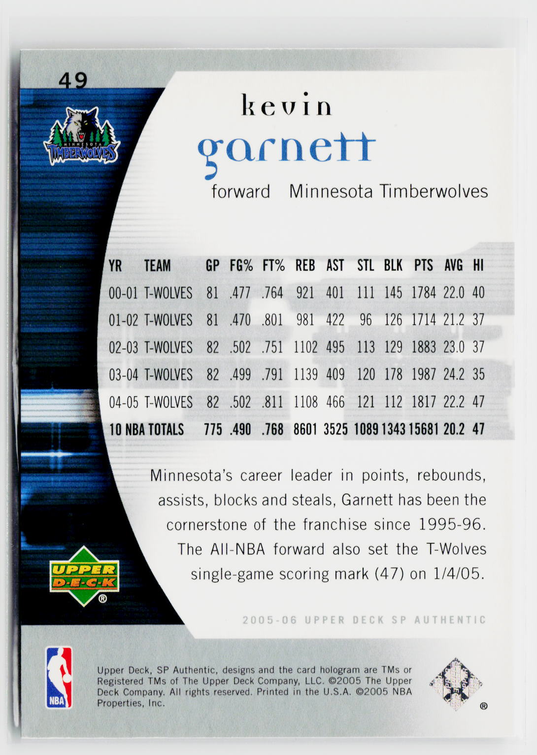 2005-06 SP Authentic #49 Kevin Garnett-2