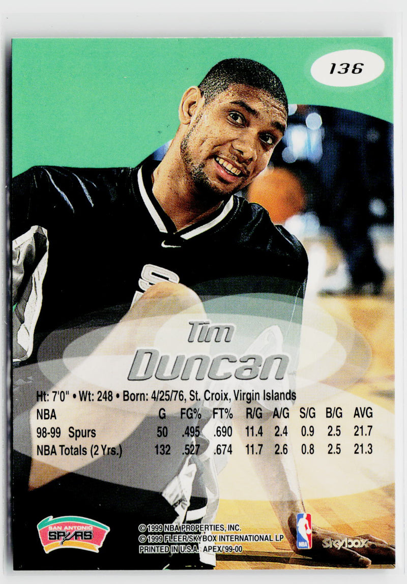 1999-00 SkyBox Apex #136 Tim Duncan-2